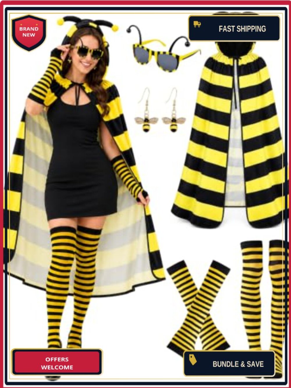 Bee Costume Set Hooded Cape Arm Warmers Socks Sunglasses Earrings Cosplay